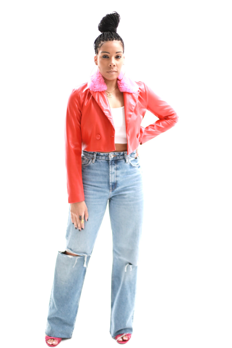 Cropped Vegan Fur Collar Blazer